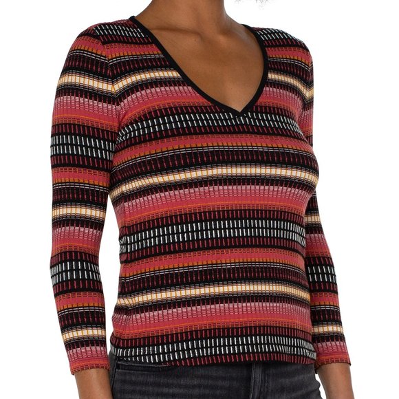NWT Liverpool Three Fourth Sleeve V Neck Knit Top With Contrast In Multi Cr Abs - Picture 2 of 4